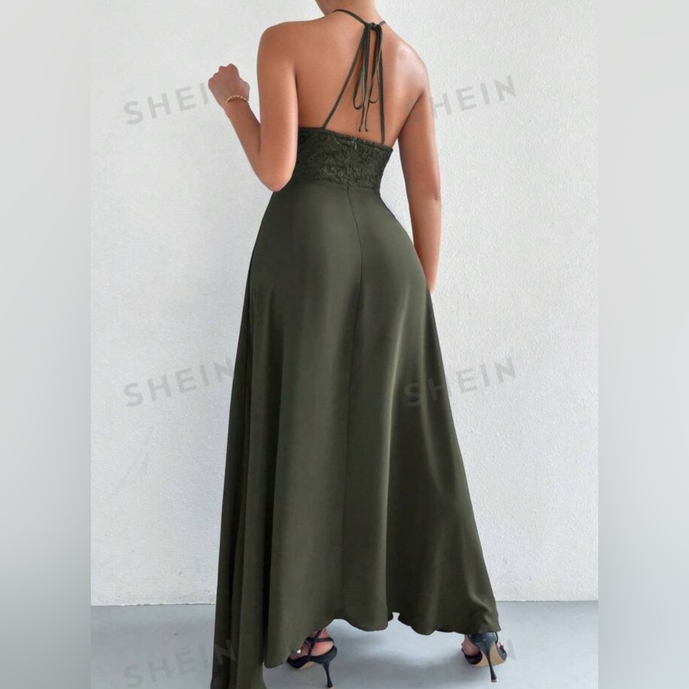 Elegant Olive Green Lace Maxi Dress - Picture 3 of 7